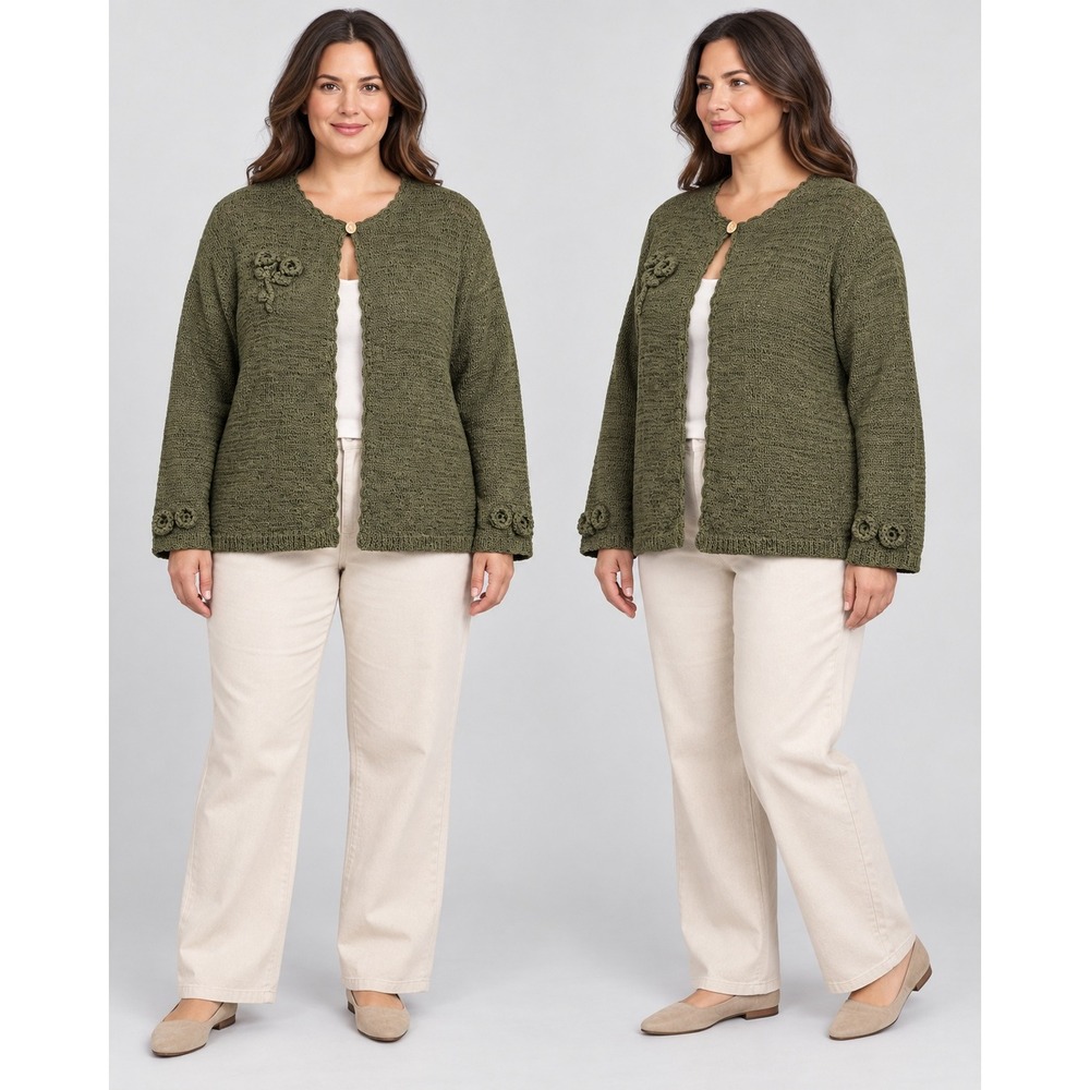 Coldwater Creek Olive Green Crochet Floral Knit Cardigan Sweater XL 3775